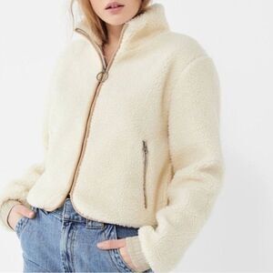 Urban Outfitters Cropped Front Zip Sherpa Jacket - White/Cream- Size Small